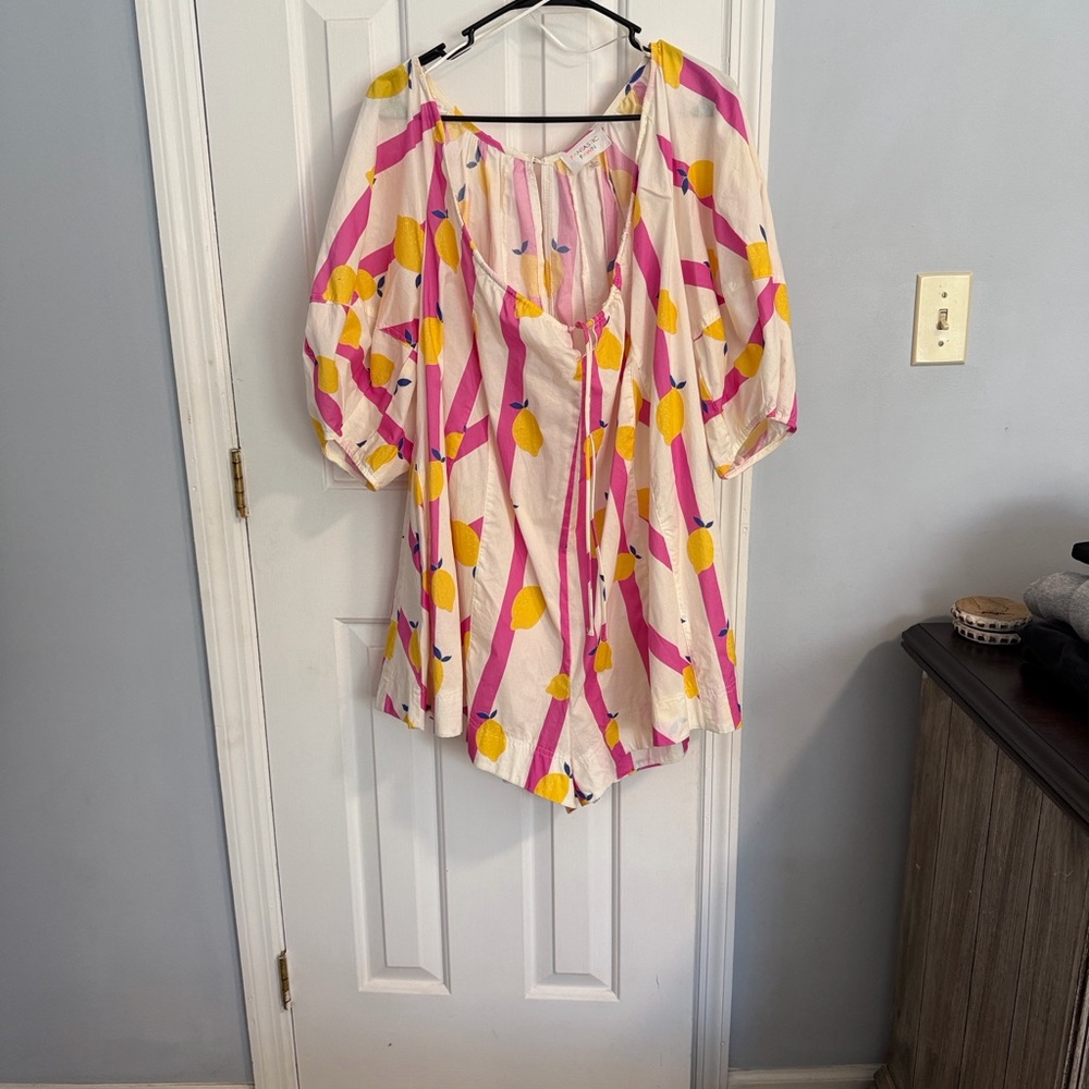 Fantastic Fawn Cream Romper with Pink Stripes & Yellow Print